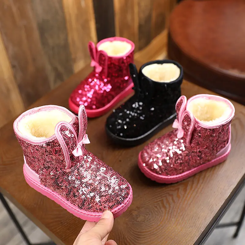 In stock winter warm toddler kids plush fashion ankle boots baby girls children's glittering sequins snow boots
