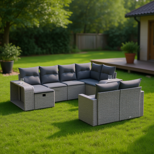 Conjunto de Sofás Modulares de Ratán Gris para Jardín, Muebles de Exterior de 6 Plazas, Diseño Contemporáneo - Product Image 2