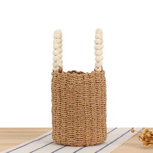 Women's Boho Style round Handle Handwoven <strong>Straw</strong> <strong>Tote</strong> Bucket <strong>Bag</strong> Summer Beach Inspired with Wooden Beads and String Closure - Product Image 2