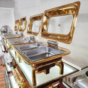 Chafing Dish Árabe Redondo de 9L en Acero Inoxidable Dorado de Lujo con Quemadores para Buffet y Catering, Calentador de <span class=keywords><strong>Comida</strong></span> para Hotel - Product Image 4