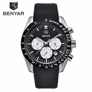 Reloj de Cuarzo Cronógrafo para Hombre Benyar, Esfera de Cristal de Zafiro, Esfera Azul, Correa de Cuero Negra, Resistente al Agua 30M, Acero Inoxidable - Product Image 3