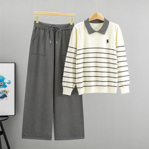 Women's Elegant Loose Wide-Leg <b>Pants</b> Two-Piece Sweater Set Autumn Winter New Fashion Striped Knit Suit Turn-<b>Down</b> Collar Foreign - Product Image 2