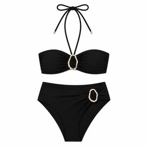 Women Halter Monokini Bikini Set Metal Buckle Ribbed Swimwear Two Piece Beachwear <b>Pool</b> Party - Product Image 1