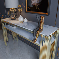 Offres Spéciales console moderne de luxe en acier inoxydable doré Table d'entrée rectangulaire en verre trempé noir