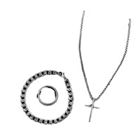 Ensemble de Bijoux Homme Mode 3 Pièces Hip Hop, Chaîne Cubaine, Collier Croix, Bracelet et Bague, Plaqué Or en Alliage
