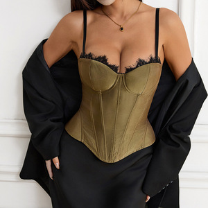 Corset vintage respirant <span class=keywords><strong>vert</strong></span> olive avec dentelle, en satin, effet sablier, maintien moyen, confortable, dos nu, pour <span class=keywords><strong>femme</strong></span> - Product Image 2