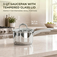 Casserole en acier inoxydable de 3 QT avec couvercle en verre |   Mini-casserole chauffe-lait/beurre non revêtue, compatible induction, gaz, électrique et lave-vaisselle