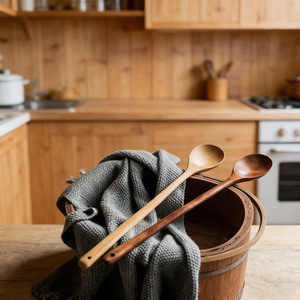 Juego de cucharas de cocina de madera, 2 piezas, mango largo, color sólido, para revolver, utensilios de cocina - Product Image 3