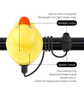 Sonnette et <span class=keywords><strong>klaxon</strong></span> de vélo en forme de <span class=keywords><strong>canard</strong></span> jaune adorable avec batterie rechargeable, lumière LED étanche pour enfants et adultes, utilisation sportive en extérieur - Product Image 4