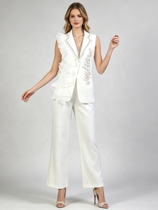 AIMEISI En stock – Ensemble tailleur 2 pièces tendance avec <span class=keywords><strong>veste</strong></span> <span class=keywords><strong>sans</strong></span> manches à volants et strass et pantalon droit – Costumes et blazers pour femmes - Product Image 3
