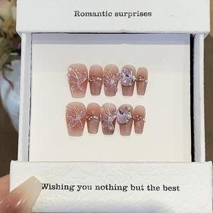 10 pièces ballerine courte presse à la main sur les <span class=keywords><strong>ongles</strong></span> couverture complète oeil de chat <span class=keywords><strong>faux</strong></span> <span class=keywords><strong>ongles</strong></span> bâton sur les <span class=keywords><strong>ongles</strong></span> avec strass feuilles décorées - Product Image 3