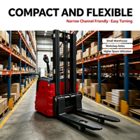 Gerbeur à batterie lithium haute stabilité de 1,5 tonne avec pieds latéraux, OEM ODM disponible pour les opérations de gerbage de palettes en allées étroites