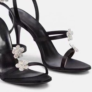 Sandales sexy pour femmes avec fleurs et diamants, escarpins à bride cheville et talons aiguilles pour robe - Product Image 3