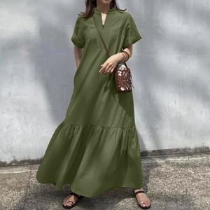 Robe longue décontractée ample à <span class=keywords><strong>col</strong></span> montant et <span class=keywords><strong>col</strong></span> en V, manches courtes, à volants, coupe trapèze, avec poches pour <span class=keywords><strong>femme</strong></span> - Product Image 3