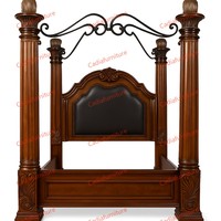Ensemble de meubles de chambre d'hôtel de luxe de style américain traditionnel, structure en bois massif, lit à baldaquin sculpté à la main, lit royal king size