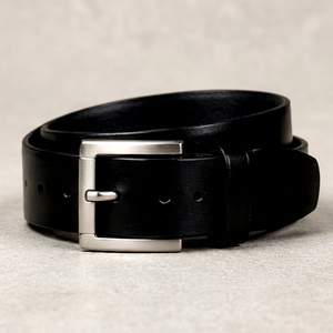 Cinturón de Cuero Genuino Negro Sólido con Hebilla Rectangular Plateada Formal para Hombre Duradero - Product Image 1