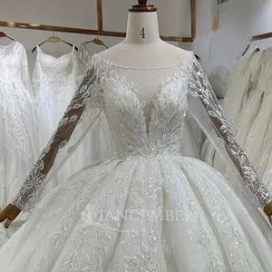 Robe de mariée de luxe moderne style princesse, manches longues, appliques perlées, longueur ras du sol, robe de bal, traîne chapelle, modèle Lsbh31 - Product Image 5