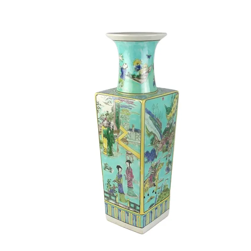 Famille Rose grüner Hintergrund Qing Dynasty Stil alten Hof Menschen Leben Muster quadratische Keramik vase