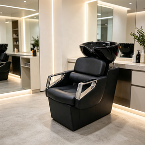 Sillón de Lavado de Cabello con Lavabo de Cerámica Negra, Unidad de Lavado para Salón, Estructura de Metal y Cuero PU, Muebles para Barbería, Color Personalizado - Product Image 1