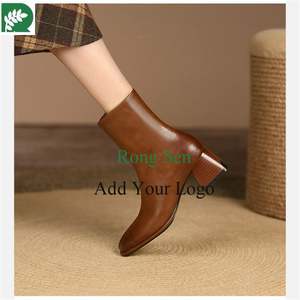 Venta caliente de invierno tendencia de moda <span class=keywords><strong>punta</strong></span> <span class=keywords><strong>cuadrada</strong></span> cuero de vaca tacones gruesos tobillo cremallera bota romana botín país niño bota - Product Image 4