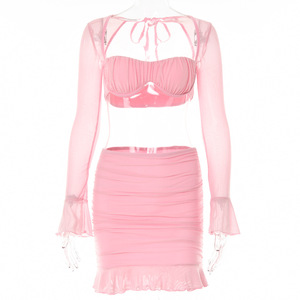 Women's Strapless <b>Two</b> <b>Piece</b> <b>Set</b> <b>Mesh</b> Long Sleeve Short Skirt Solid Color Chiffon Breathable Casual Suit FD9664 - Product Image 5