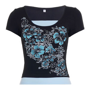 Women's Vintage Contrast Color Block Crewneck T-Shirt-Breathable Knitted Floral Print Work Casual <b>Top</b> - Product Image 5