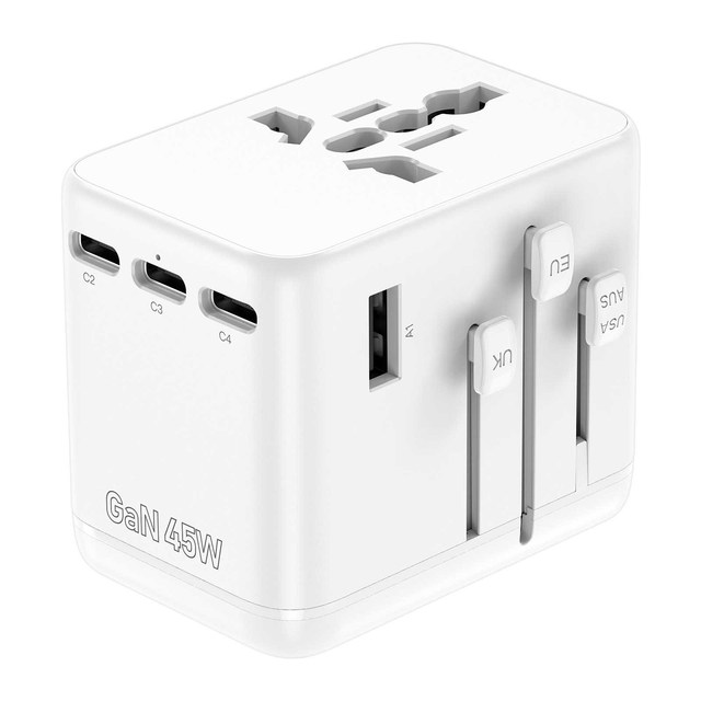 45W GaN Universal Travel Adapter International Power Plug Converter with 4 USB-C + 1 USB-A + 2 AC Ports for EU/UK/US/AU Plugs