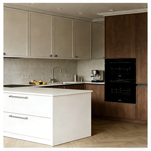 Armoire plate minimaliste Vermont, base en bois <span class=keywords><strong>de</strong></span> <span class=keywords><strong>noyer</strong></span>, armoire <span class=keywords><strong>de</strong></span> <span class=keywords><strong>cuisine</strong></span> en bois bicolore avec <span class=keywords><strong>plan</strong></span> <span class=keywords><strong>de</strong></span> <span class=keywords><strong>travail</strong></span> en quartz blanc - Product Image 4