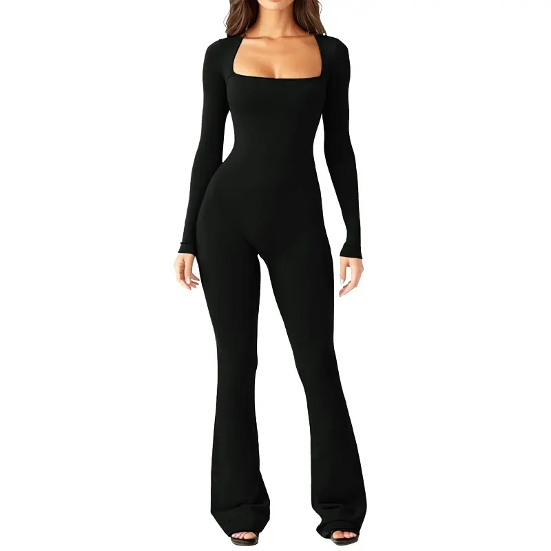 Gimily OEM tùy chỉnh của phụ nữ một mảnh Jumpsuit dài tay áo hip nâng bodysuits vuông cổ cao đàn hồi rộng chân Jumpsuit