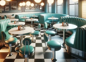 Ensemble de meubles de restaurant américain rétro des années 1950 <span class=keywords><strong>canapé</strong></span> en demi-cercle table de stand en bois incurvé avec chaises pour restaurant - Product Image 5