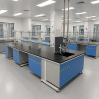 Plan de travail de laboratoire moderne en acier et bois avec évier en résine phénolique, robinet et étagère à réactifs pour l'école, l'atelier et l'hôpital