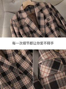 Traje de Lana de 2 Piezas para Mujer, Elegante y Sencillo, <span class=keywords><strong>Blazer</strong></span> a <span class=keywords><strong>Cuadros</strong></span> Marrón y Azul Marino con Falda de Cintura Alta y Decoración de Botones, Formal e Informal - Product Image 6