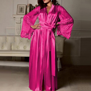 2024 Women Fashion Robe Set Long Lace Sleeve Belted <strong>Maxi</strong> <strong>Nightdress</strong> +Thongs Set Lady Satin Sleepwear Sexy Lingerie Bathrobe - Product Image 6