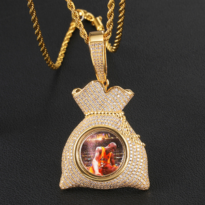 Gioielli Hip-Hop <span class=keywords><strong>medaglioni</strong></span> di memoria pendenti ghiacciati CZ Cubic Zirconia foto collana borsa <span class=keywords><strong>per</strong></span> soldi collana con ciondolo immagine personalizzata - Product Image 1