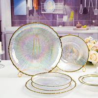 Assiettes de présentation, bols et services de vaisselle en verre transparent effet cristal arc-en-ciel avec bord doré pour desserts, salades et dîners, pour fêtes, mariages et hôtels, vente en gros
