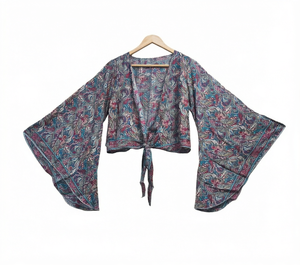 Chemisier ample à manches kimono en mousseline de soie pour femme, imprimé cachemire, à nouer, court, style bohème, pour le printemps et l'été, tenue décontractée - Product Image 1