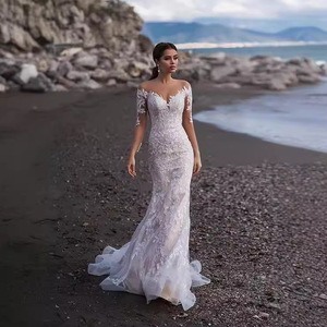 Off The Shoulder Lace Wedding Dress Mermaid Silhouette Sweetheart Neckline White Bridal Gown With Train Vintage Style - Product Image 4