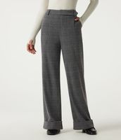 Pantalon gris à carreaux pour femme, taille haute, coupe large, élégant, classique, hiver, avec revers et passants de ceinture