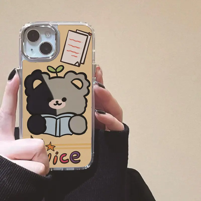 For iPhone 14 13 12 11 Pro Max XSmax XR X XS 7 8 Plus Cartoon Reading Bear Mirror Surface Mobile Phone Case