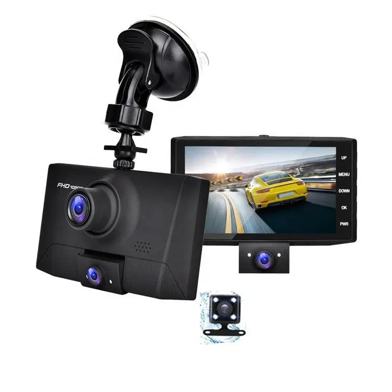 New 4 inch car dvr 1080p dashcam dual camera 3 channels car dash cam 3 channel dashcam 3 lens dash cam