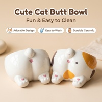 Mangkuk Keramik Besar Bentuk Bokong Kucing Lucu, Tempat Makan yang Menyenangkan dan Mudah Dibersihkan untuk Kucing dan Anjing Kecil, Desain Putih dan Calico