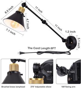 Dimmable <strong>Plug</strong>-in <strong>Wall</strong> Sconce 6FT Cord Swing Arm <strong>Wall</strong> <strong>Lights</strong> for UL Listed <strong>with</strong> E26 Base Two Arms 1 Pack - Product Image 3
