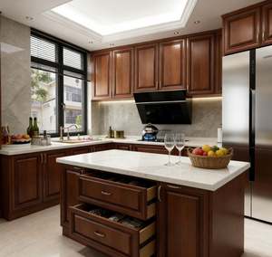 Gabinetes de Cocina de Madera Maciza Tallada de Lujo, Estilo Retro Europeo con Puerta de Vidrio y Estantes Superiores para Casa o Villa - Product Image 6