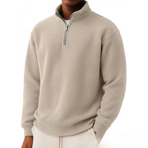 Factory Wholesale Custom Men's Waffle 1/4Zip <strong>Neck</strong> Pullover <strong>Jumper</strong> Pure Color Long Sleeve <strong>Polo</strong> Shirt Knitwear Men Pullover - Product Image 6