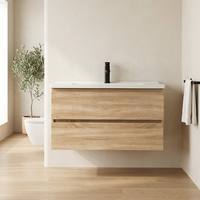 Meuble-lavabo mural moderne et peu encombrant GPSR 800 mm, design minimaliste, en bois flottant, avec vasque en céramique, écoresponsable, idéal pour projets scolaires