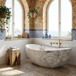 อ่างอาบน้ำรูปวงรีสั่งทำพิเศษสุดหรูหราทันสมัย หินอ่อน Arabescato Corchia แบบตั้งพื้น สำหรับแช่ตัวในห้องน้ำ วิลล่า โรงแรม บ้าน - Product Image 6