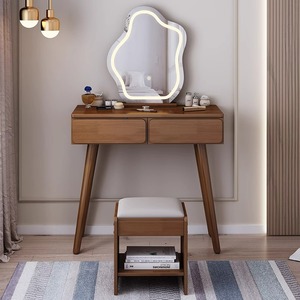 Solid Wood Dressing Table With Mirror And <b>Drawer</b> Natural Color Bedroom Makeup Desk Extendable Design Fashionable Cream Style - Product Image 2