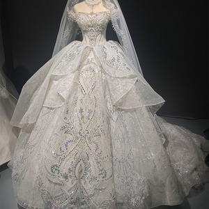 Pour Jancember robe de mariée luxueuse pour femmes LSMX189 chapelle moderne manches courtes dentelle perlée cristal Applique décorée longue - Product Image 1