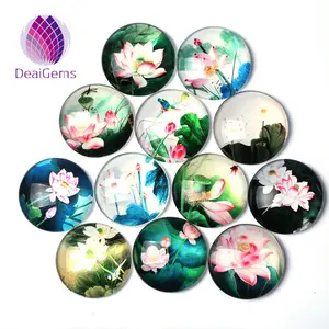 New flat 6*20mm Round Lucency Clear Glass Cabochon With Cute Cartoon Flowers Picture