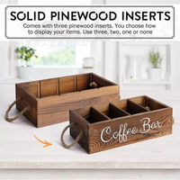 Organisateur de bar à café en bois de pin rustique avec poignées en corde pour dosettes de café, sachets de thé pour la décoration de comptoir de cuisine à domicile